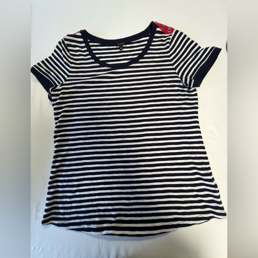TALBOT’S NAVY & WHITE STRIPED WOMAN’S  CREW NECK TEE  W/RED ACCENTS  SIZE SMALL